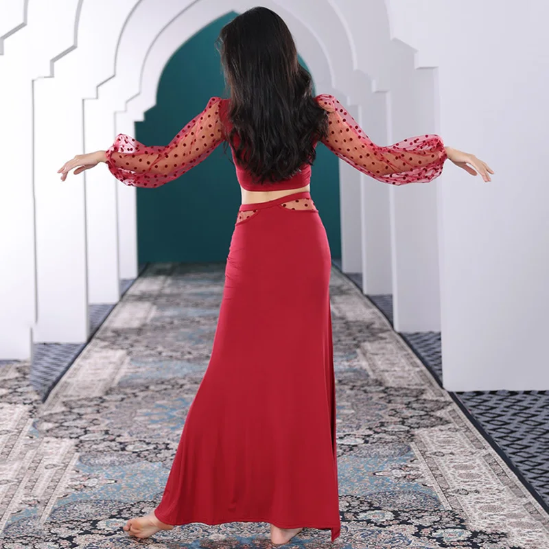 

Костюм для индийского танца живота для взрослых женщин: сетчатый топ с точечным узором и юбка с разрезом, комплект из двух предметов для тренировок, праздничный наряд, танцевальная одежда