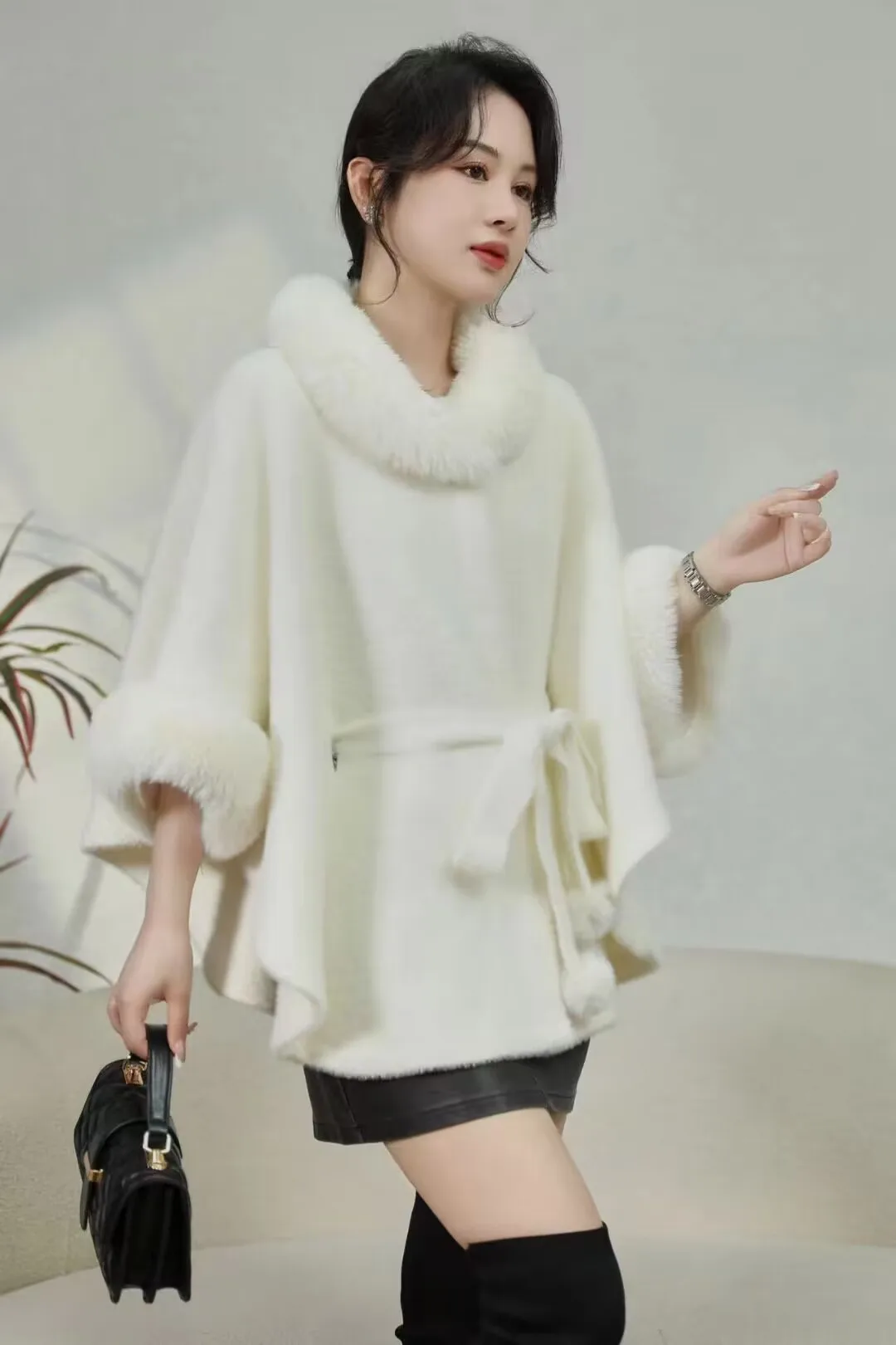 

Winter Women Faux Woolen Cardigan Button Overcoat Long Poncho Cloak Coat Faux Rabbit Fur O Neck Loose Topcoat With Belt Ball