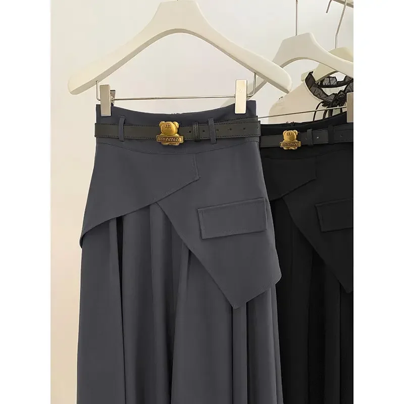 Irregular Grey Suit Long Skirt for Women Spring Autumn 2025 New Retro A-line High-waisted Slimming Large Umbrella Skirt