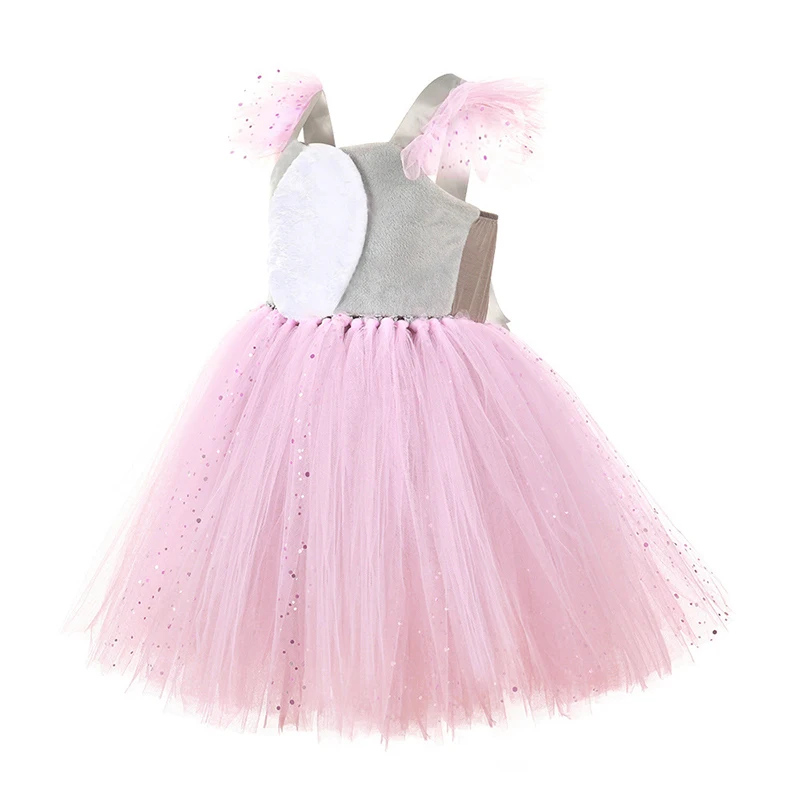 Kids Girls Bunny Costume Sequin Tulle Rabbit Dress Set With Headband Bow Tie And Tails For Toddler Cosplay Party Outfit 2-8 T