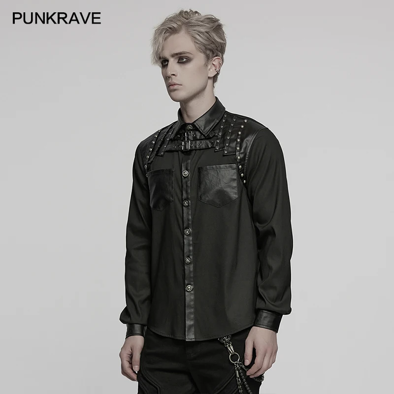 Punk rave masculino punk retalhos design ombros com rebites bonito treet camisa personalizado moda topos primavera outono