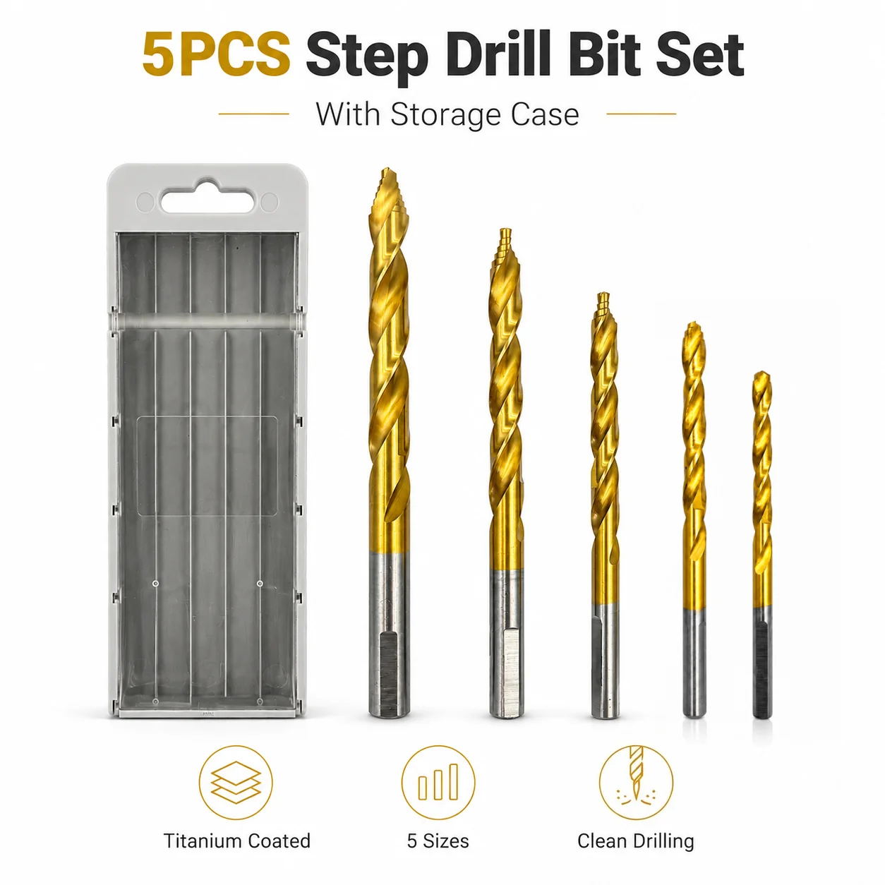 5Pcs Titanium Coated Step Drill Bit Set HSS Spiral Flute 4‑10mm for Metal Wood PVC Drilling With Storage Case