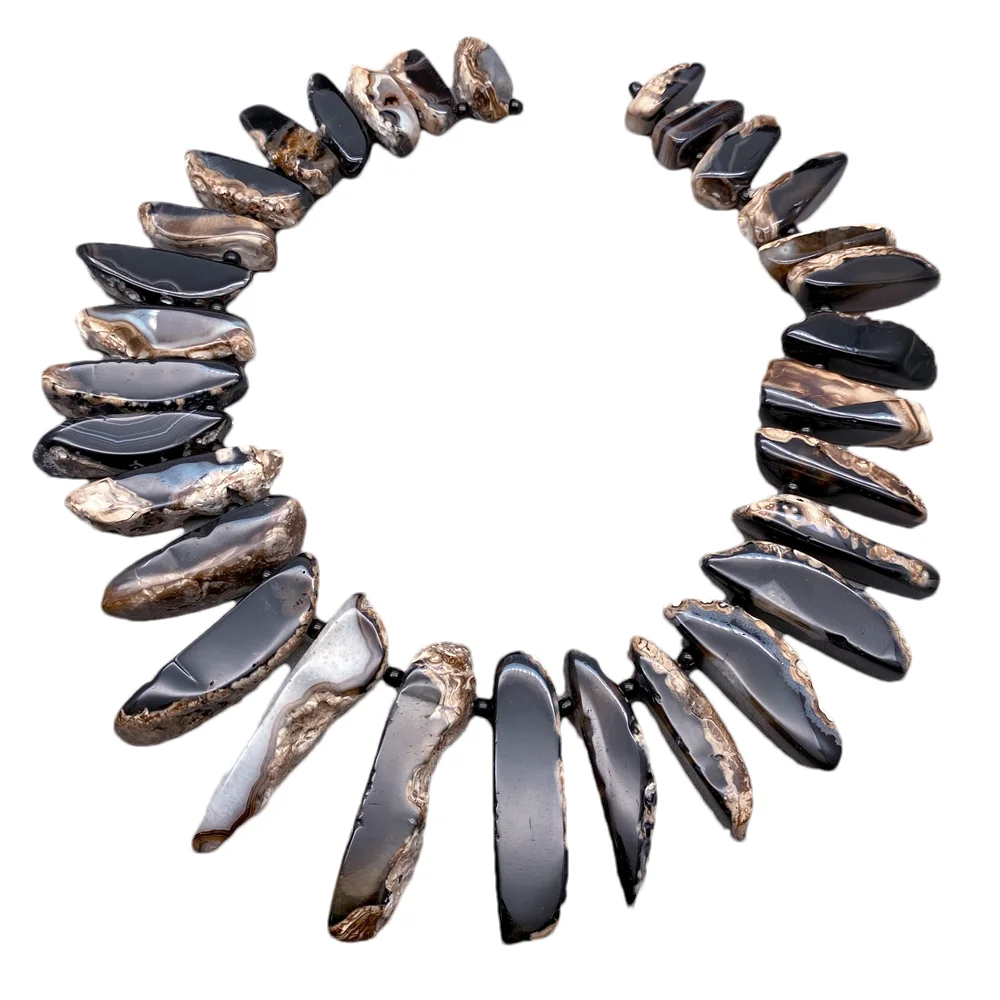One Strand Black Cream Agate Beads Polished Agates Side Drilled Gemstone Jewelry Making 15.5