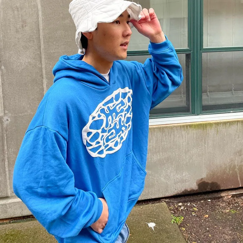 Print Hoodie Y2k Clothing Blue Retro High Street Loose Pullovers Oversized Men's Sweatshirts Streetwear Harajuku New In Hoodies