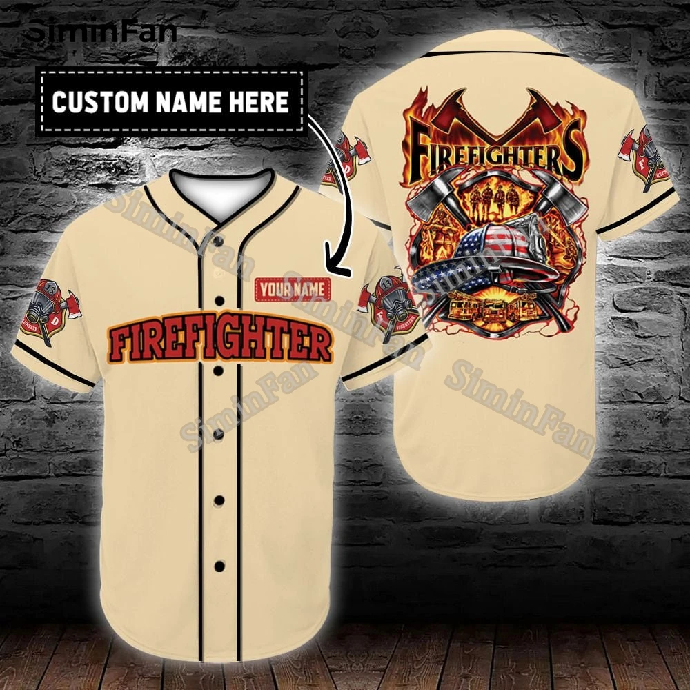 Custom Name US Firefighters Fire Rescue Mens Baseball Tee Jersey Shirt 3D Printed Male Summer Collarless Top Unisex Sporty-2