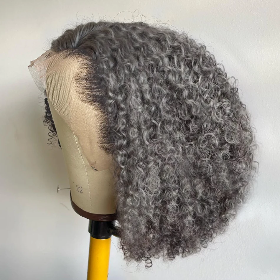 Pelucas Bob de sal y pimienta, cabello humano corto y rizado, pelucas de cabello humano gris plateado, peluca Frontal rizada de color ondulado profundo para mujer