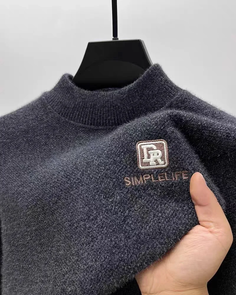 

High end brand letter embroidered men's sweater autumn winter warm plush new style fashion comfort knitted round neck pullover