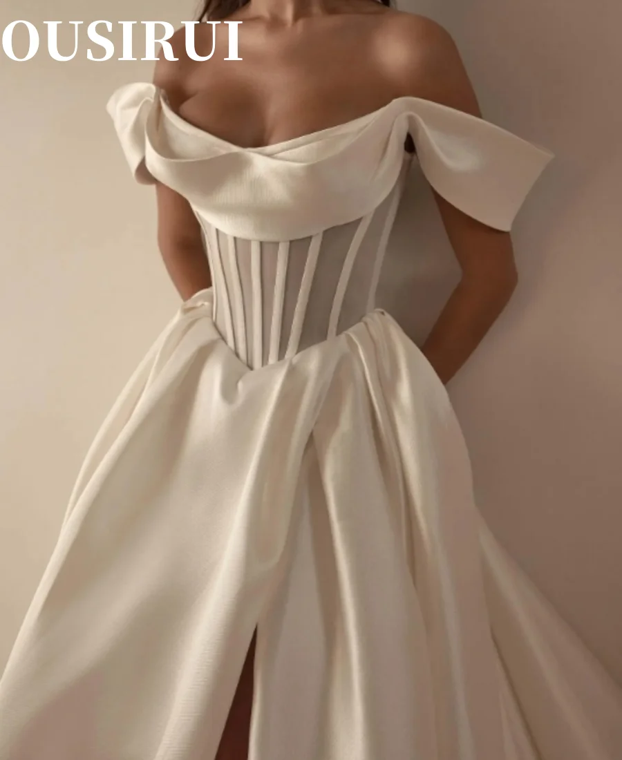 OUSIRUI Satin A LIne Wedding Dresses Side Slit Sweep Train Custom Made 2024 Modern Off The Shoulder Pleat Rode De Noiva