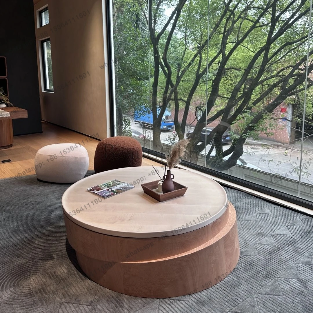 

Wabi Sand Wind Design Sense Coffee Table Niche Round Living Room Solid Wood Cream Wind Coffee Table Rotatable