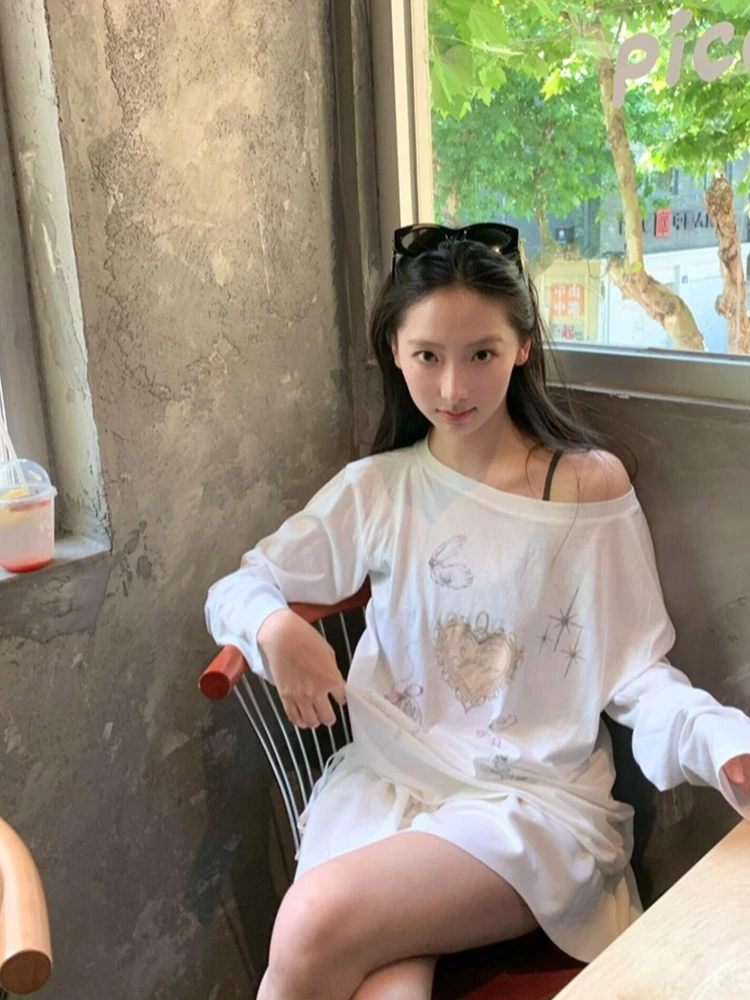 ADAgirl Kawaii White Long Sleeve T-shirts for Women Anime Cartoon Graphic Oversized Tees O-neck Casual Loose Autumn Clothes Chic