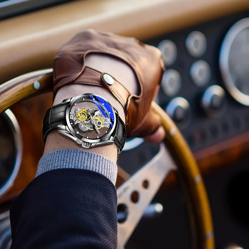 남성용 투명 양면 할로우 쿼츠 시계, 방수 글로우 시계, 선물용 이상적인 선택, 1 개