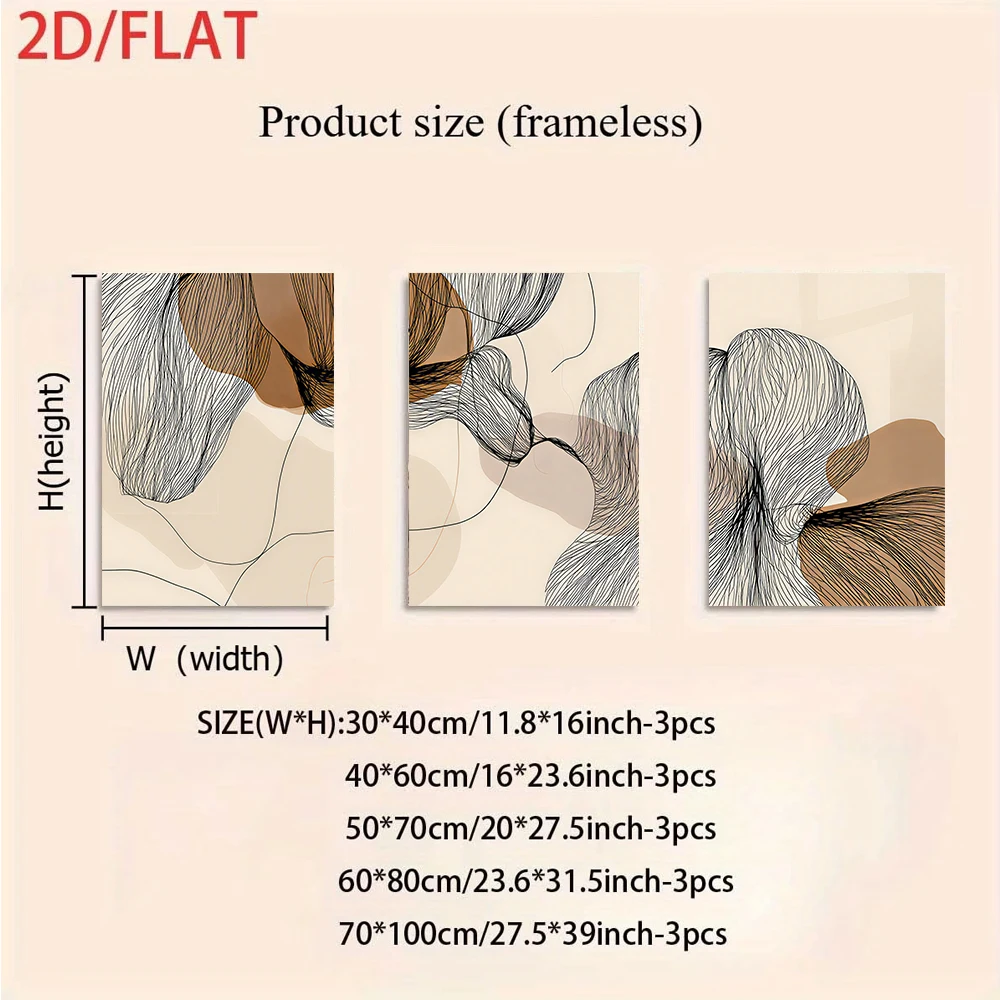 1 set of modern minimalist abstract line triple decoration frameless painting bedroom foyer art painting 2D plan
