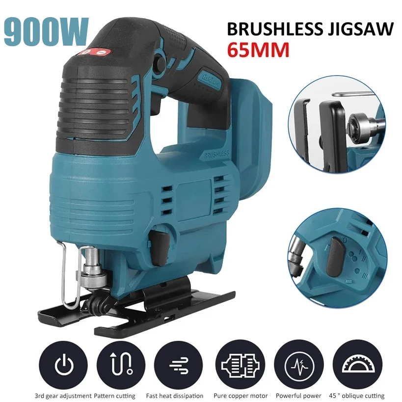 900W Electric Brushless Jigsaw Cordless Jigsaw With 3-Speeds Adjustable Woodworking Power Cutting Tool For Makita 18V Battery