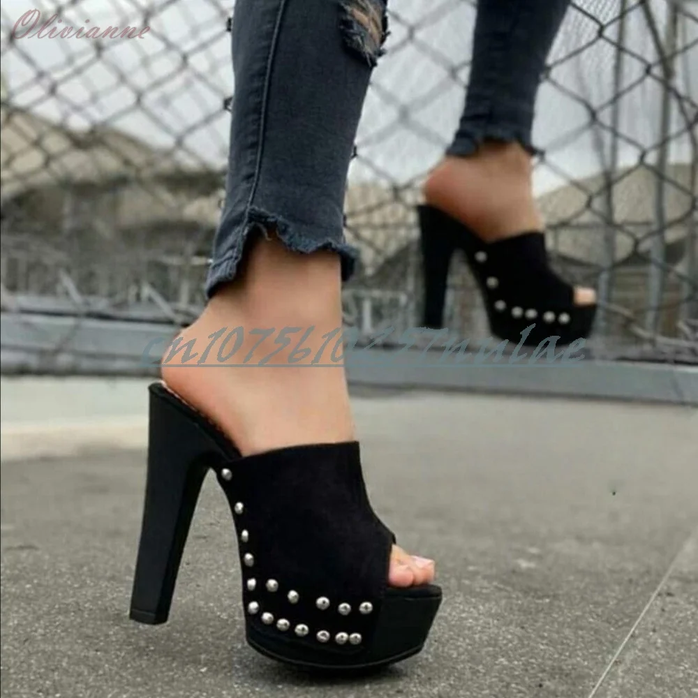 Blaue Denim-Seite, runde Metallnieten, Dekor-Hausschuhe, Retro, klobiger Absatz, Party, elegante Damenschuhe, 2026, sexy Para Mujere