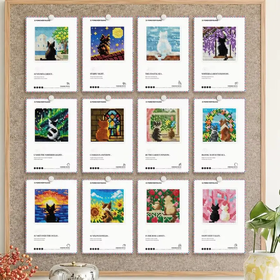 Foreveryoung 12 Kitty Scenery Diamond Card Kit, 8×12.7cm Each, Triple Diamonds, Cat Lover Mini Decor & Gift