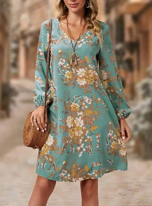 

Autumn A-Line Long Sleeved Dress for Women with Elegant Slim Fit Floral Print V-Neck Casual Loose A-Line Long Sleeved Dress