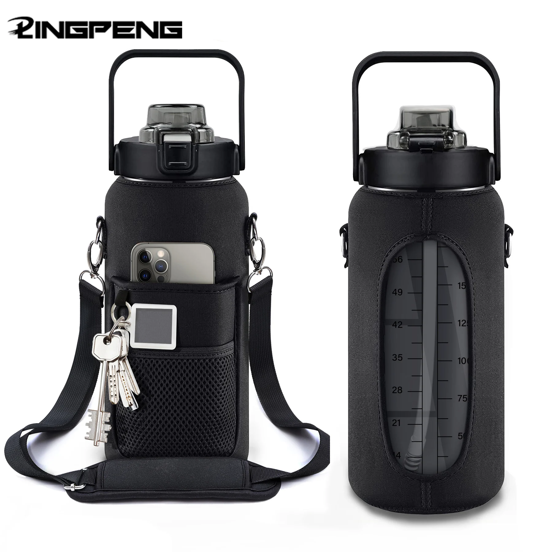 Half Gallon Water Bottle with Sleeve 64 OZ 2000ML Motivational Water Bottle with Straw & Time Marker to Drink