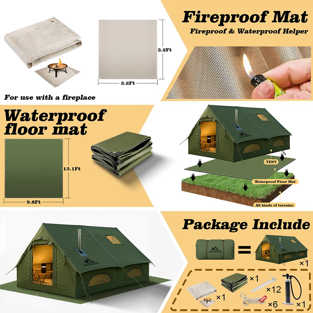 129 SqFt2 خيمة تخييم قابلة للنفخ باللون الأخضر العسكري مع قماش القنب، خيمة هوائية 4 فصول مقاومة للماء مع حصيرة نزهة وبطانية حريق #2