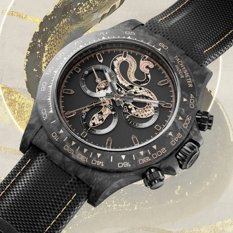 CRONUSART Men Chronograph Watch Pilot 40mm Automatic Mechanical Wristwatch Carbon Fiber Case Luminous Sapphire Mirror Snake Dial