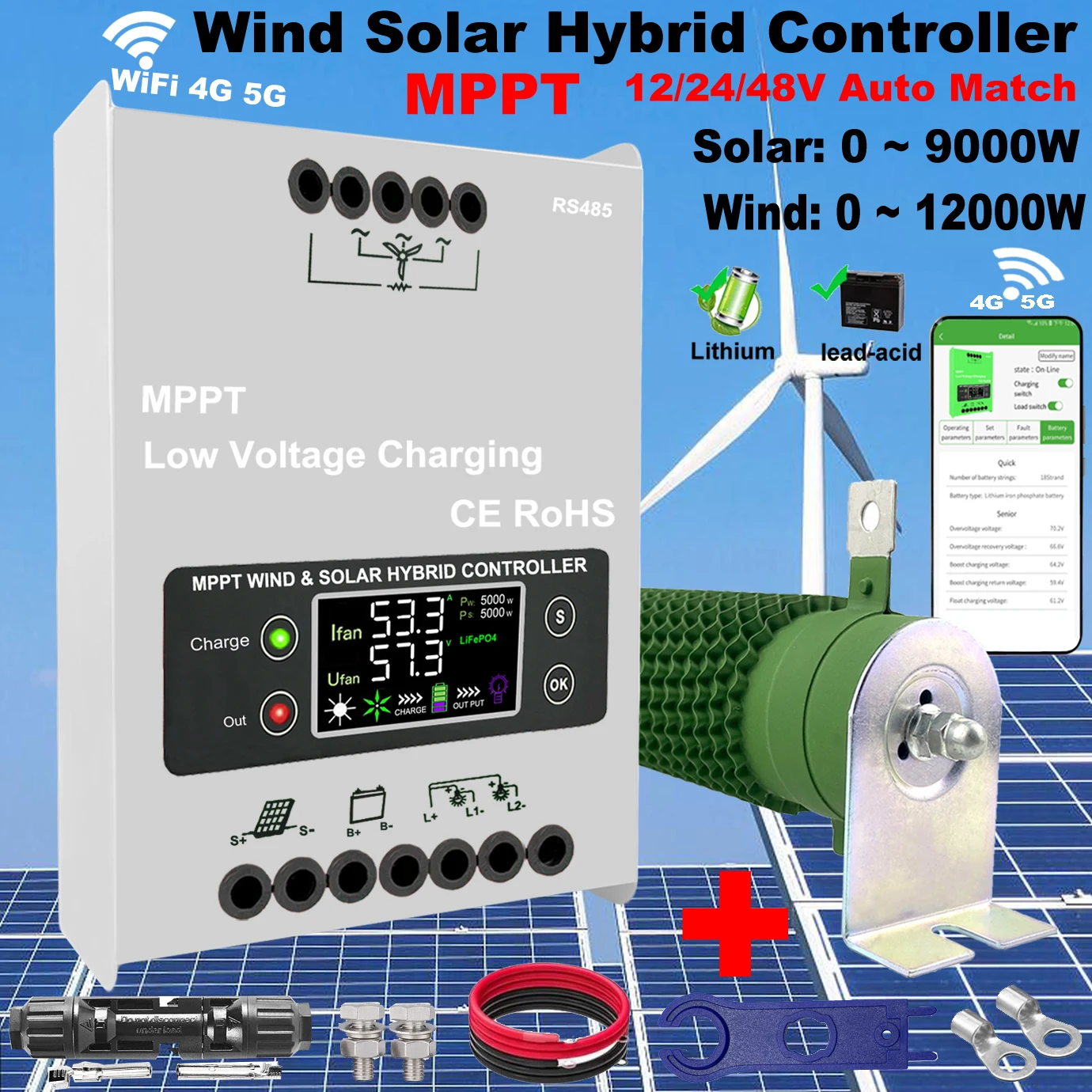 4000W 5kw Wind Solar Hybrid Charge Controller with Equalizer, 12V 24V 48V AUTO MPPT for Solar and Wind, for Lithium Lead Battery