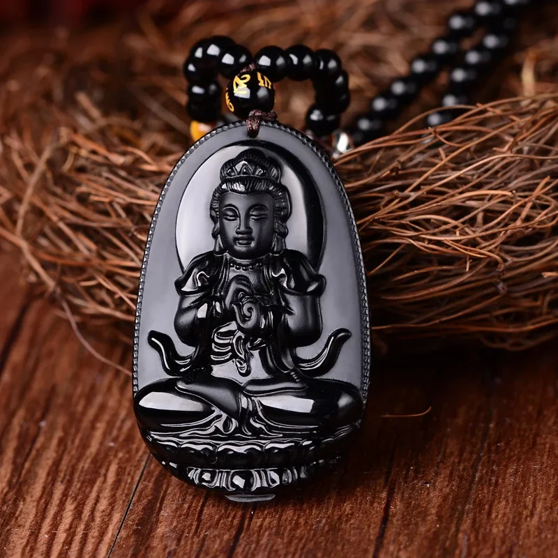 

Natural Obsidian Hand Carved Puxian Bodhisattva Pendant Boutique Jewelry Zodiac Dragon Snake Zodiac Eight Patron Saint Necklace