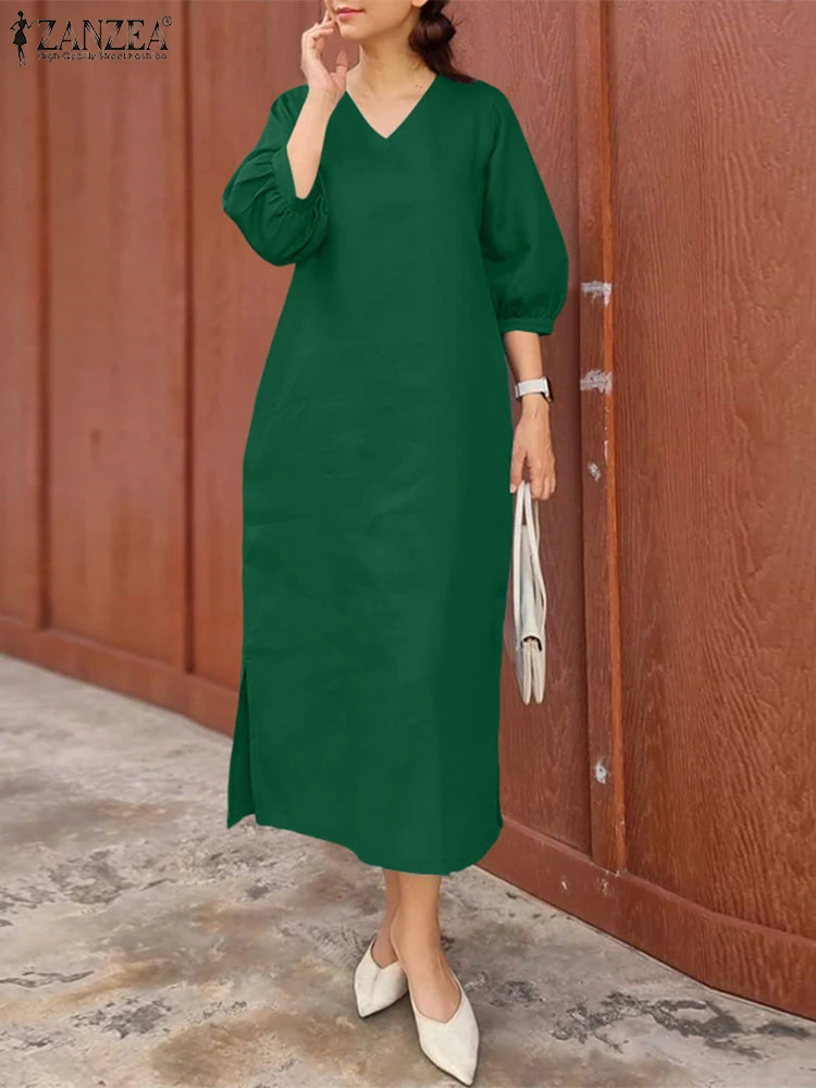 잔제아 캐주얼 코튼 린넨 미디 드레스 루즈핏 3/4 소매 V넥 데일리룩 여성용 사이드 슬릿 2025 여름 솔리드 베스티도스