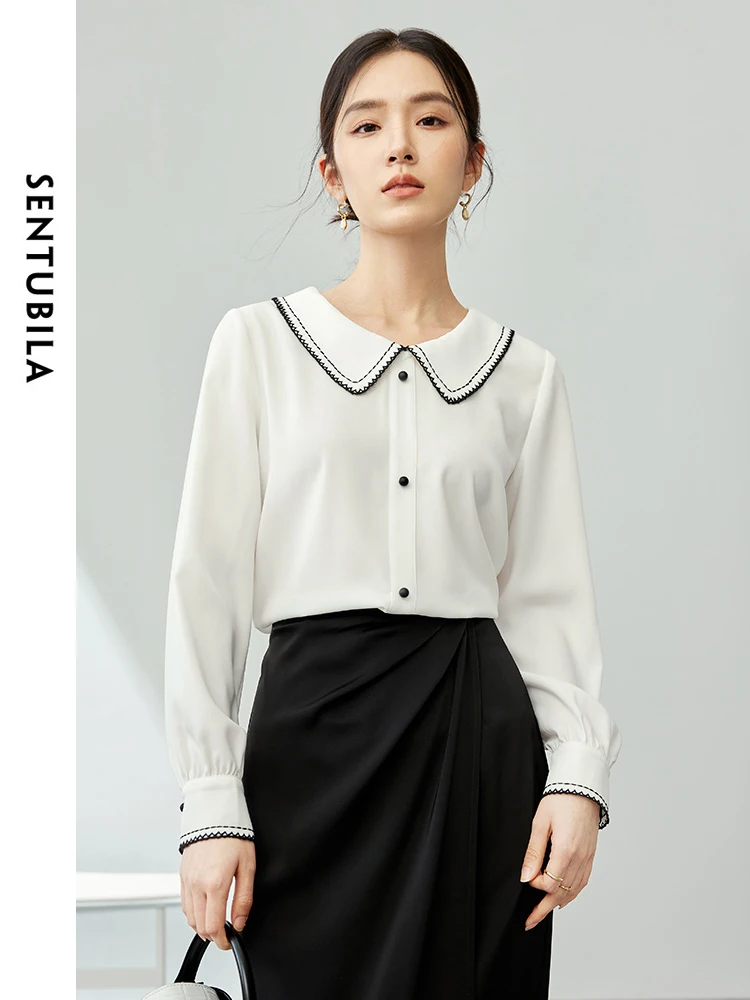 

SENTUBILA Elegant Commuter White Chiffon Shirt 2024 Spring Summer Polo Collar Long Sleeve Woman Blouse Female Clothing 141V53389