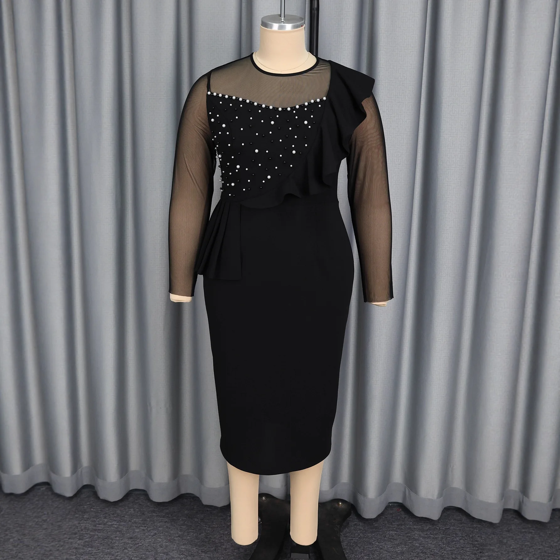 

Black Plus Size African Dresses for Women Spring Elegant Long Sleeve Mesh Polyester Party Evening Bodycon Midi Dress Outfits