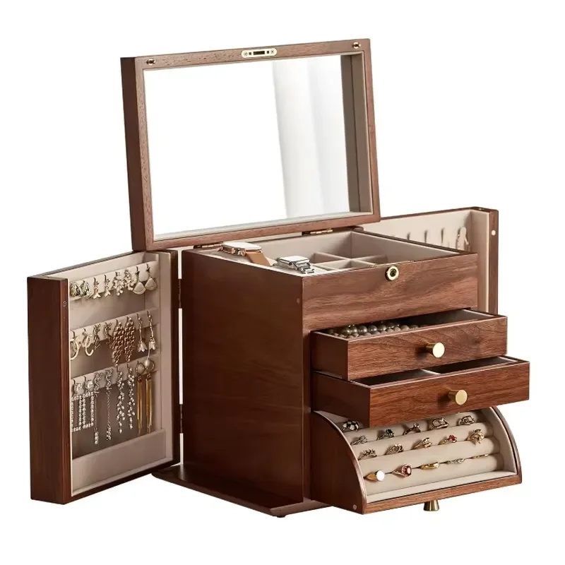 Vintage Walnut Wood Jewelry Box with Mirror Storage Organizer for Earrings Necklace Bracelet Elegant Home Decor Gift Idea