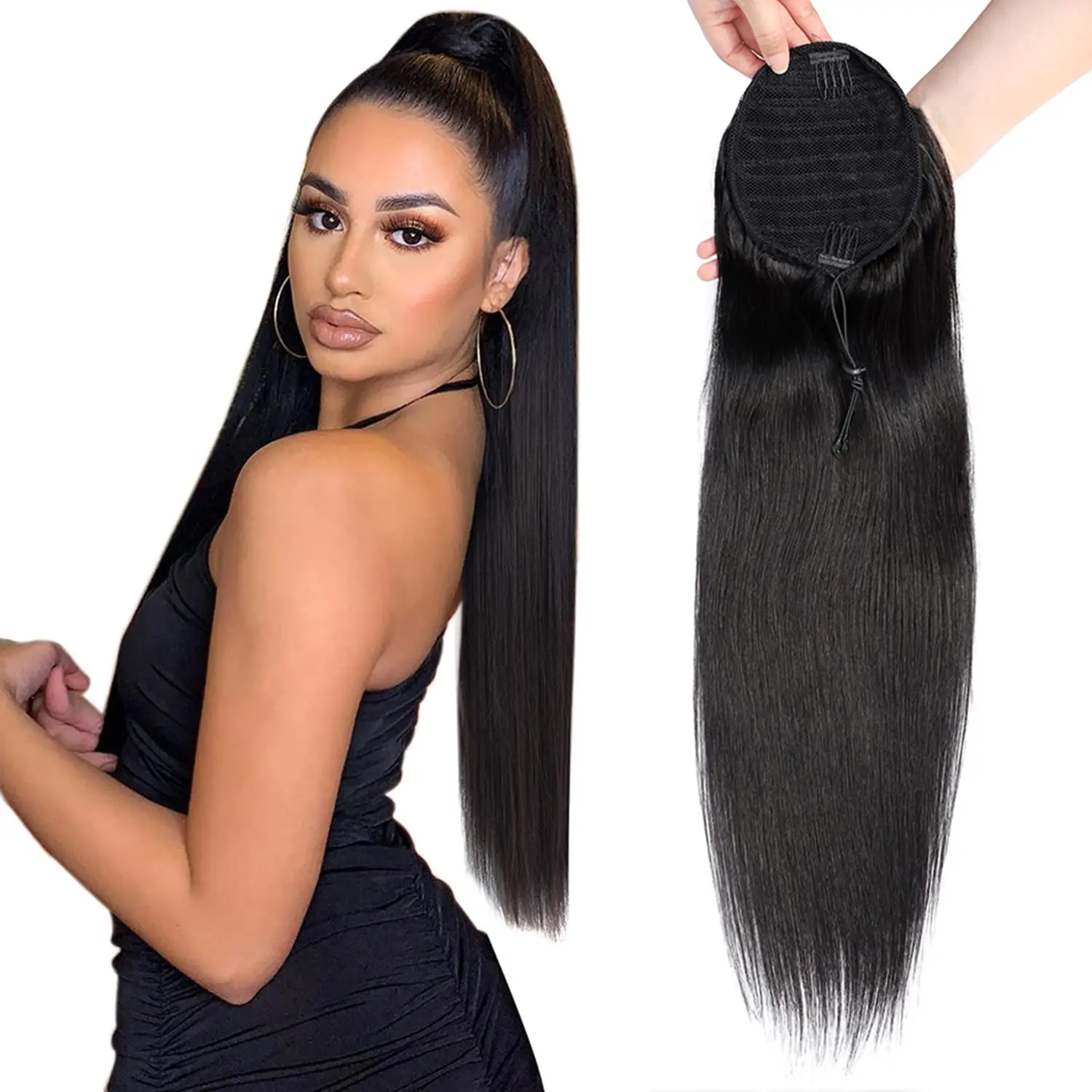 Straight Ponytail Drawstring Extensions Clip Ins 100G Natural Black Brazilian Remy 100% Human Hair 26 Inch Pony Tail For Women