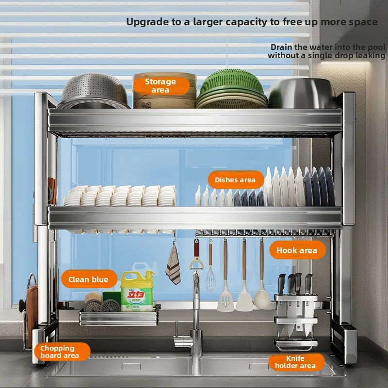 Thickened Stainless Steel Sink Rack, Height Adjustable Dish Drainer, Dual Support Bowl Plate Organizer, Anti Tip Caddy