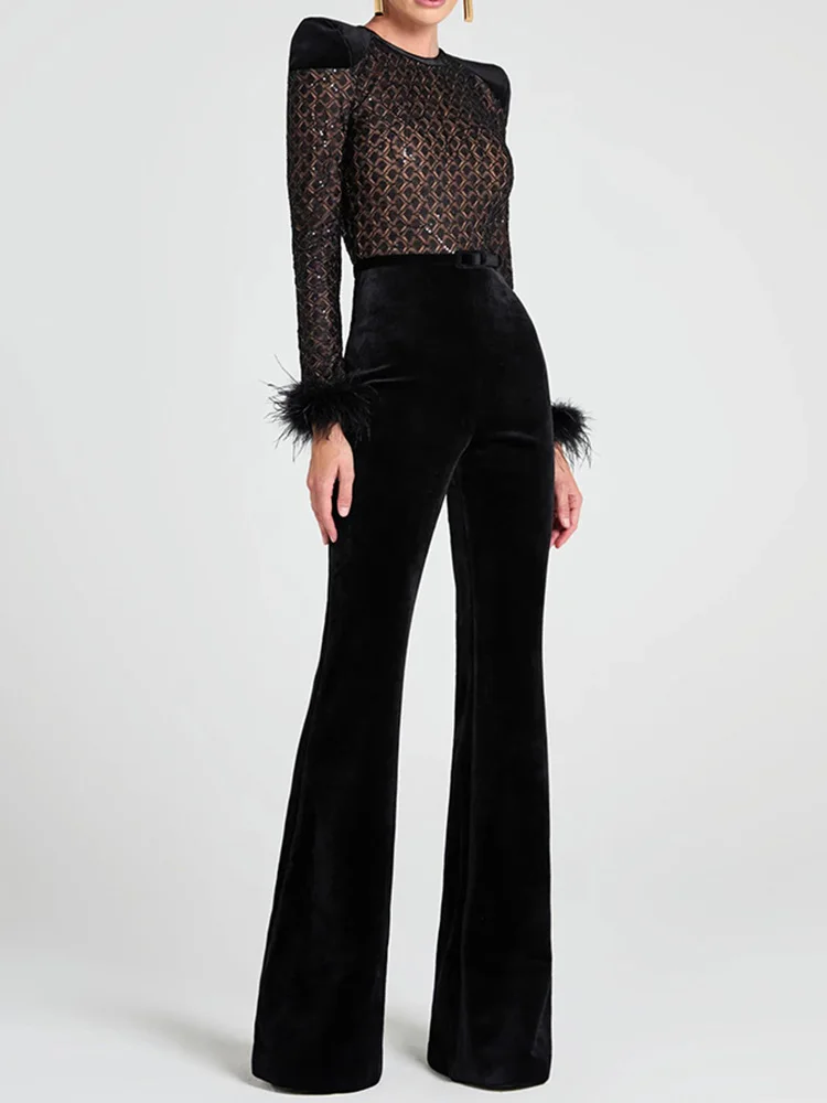 Long Sleeve Flare Pants Simple Jumpsuits, Women Autumn Hollow Out Fashion Playsuits, Sashes Patchwork Elegant Ladies Bodysuits