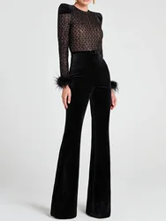 Long Sleeve Flare Pants Simple Jumpsuits, Women Autumn Hollow Out Fashion Playsuits, Sashes Patchwork Elegant Ladies Bodysuits