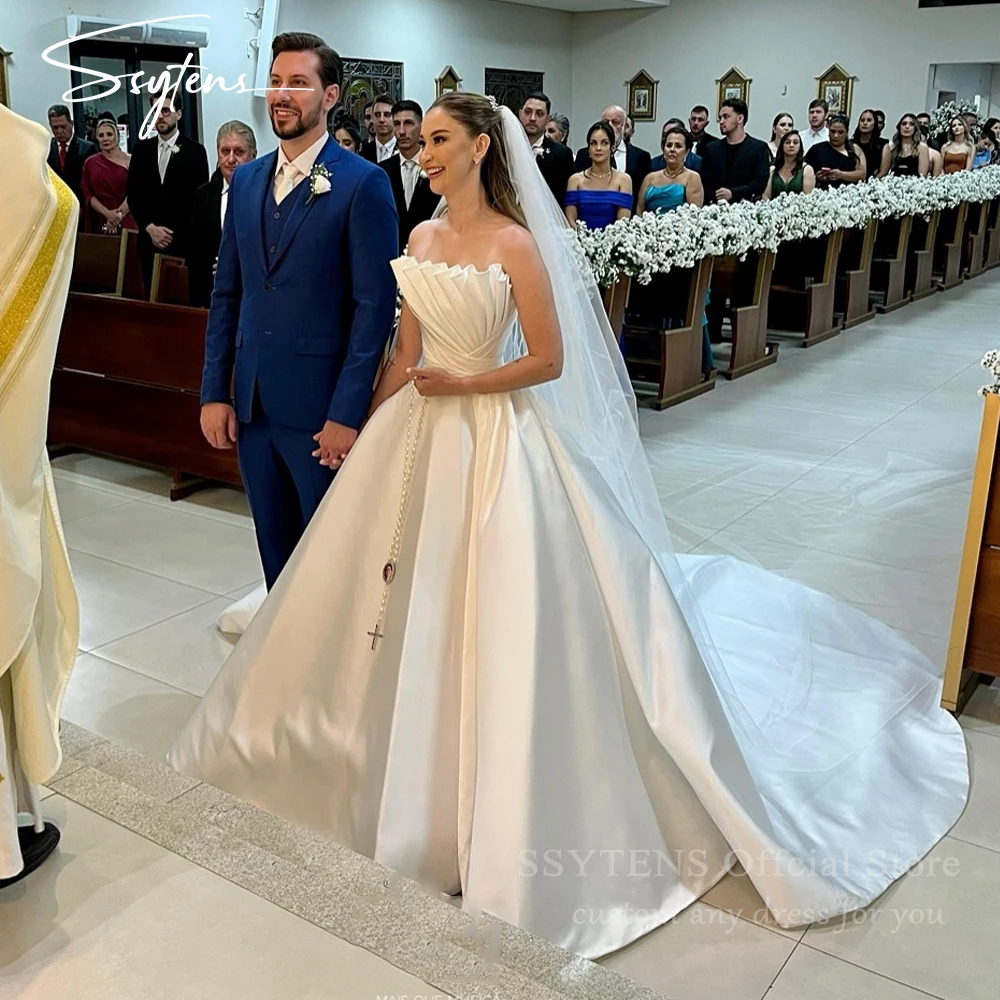 SSYTENS Elegant A-line Satin Wedding Dresses Strapless Sleeveless Bridal Dresses Long Wedding Gowns Robe De Mairee ﻿Customized