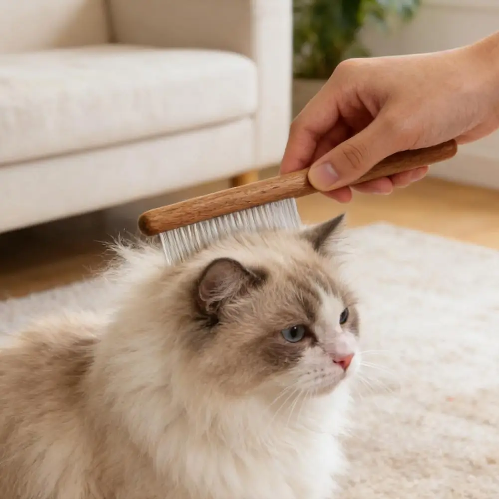 Pet Detangling Comb Rounded Metal Teeth Cat Shedding Comb With Wooden Handle Grooming Brush Removes Cats Dogs Matted Fur Tangle