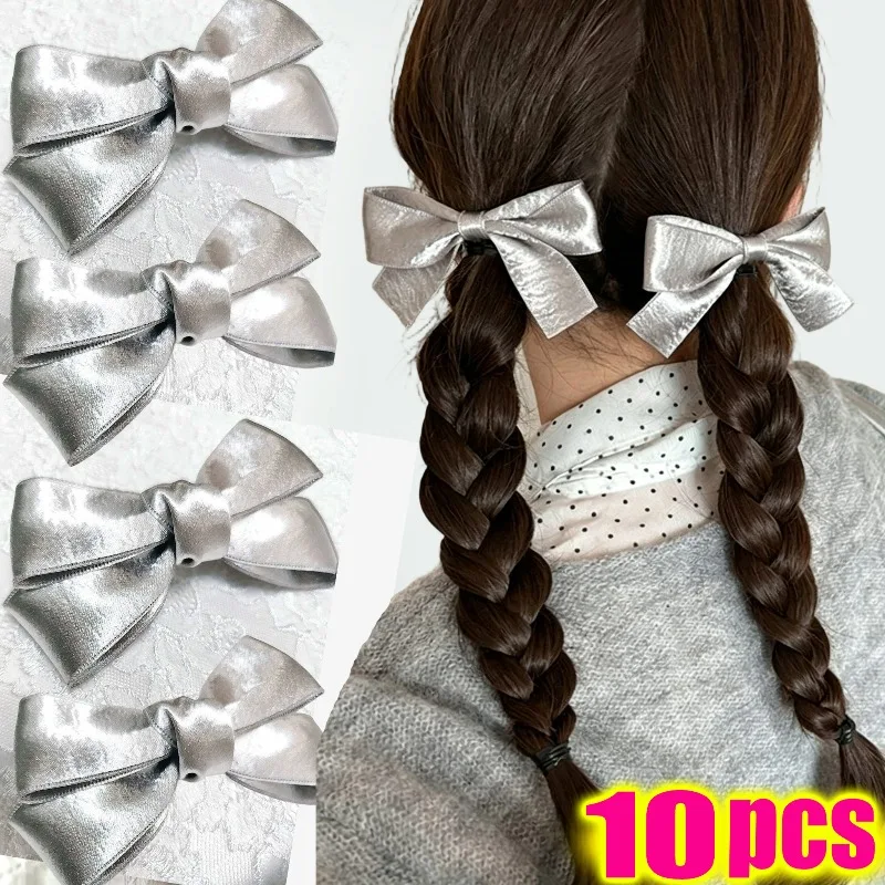 2/10Pcs INS Silver Bowknot Hair Clips Women Sweet PU Leather Duck Bill Bangs Side Barrettes Korean Handmade Headwear Accessories