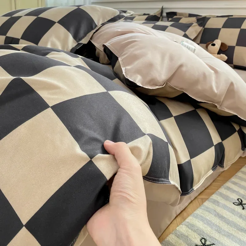 Simple Checkerboard Pattern Printing Bedding Set Breathable Ultra Soft Duvet Cover Kit for Summer Home Dormitory Bedroom Decor