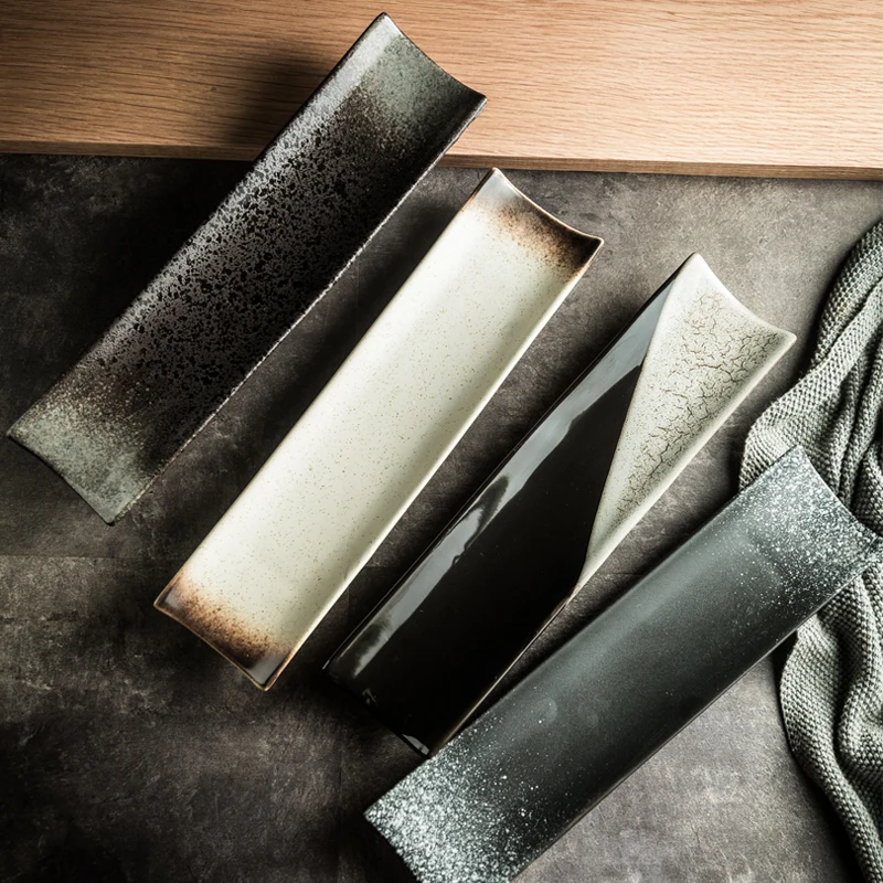 

Japanese-style long sushi plate, saury plate, rectangular western ceramic plate, barbecue , dumpling
