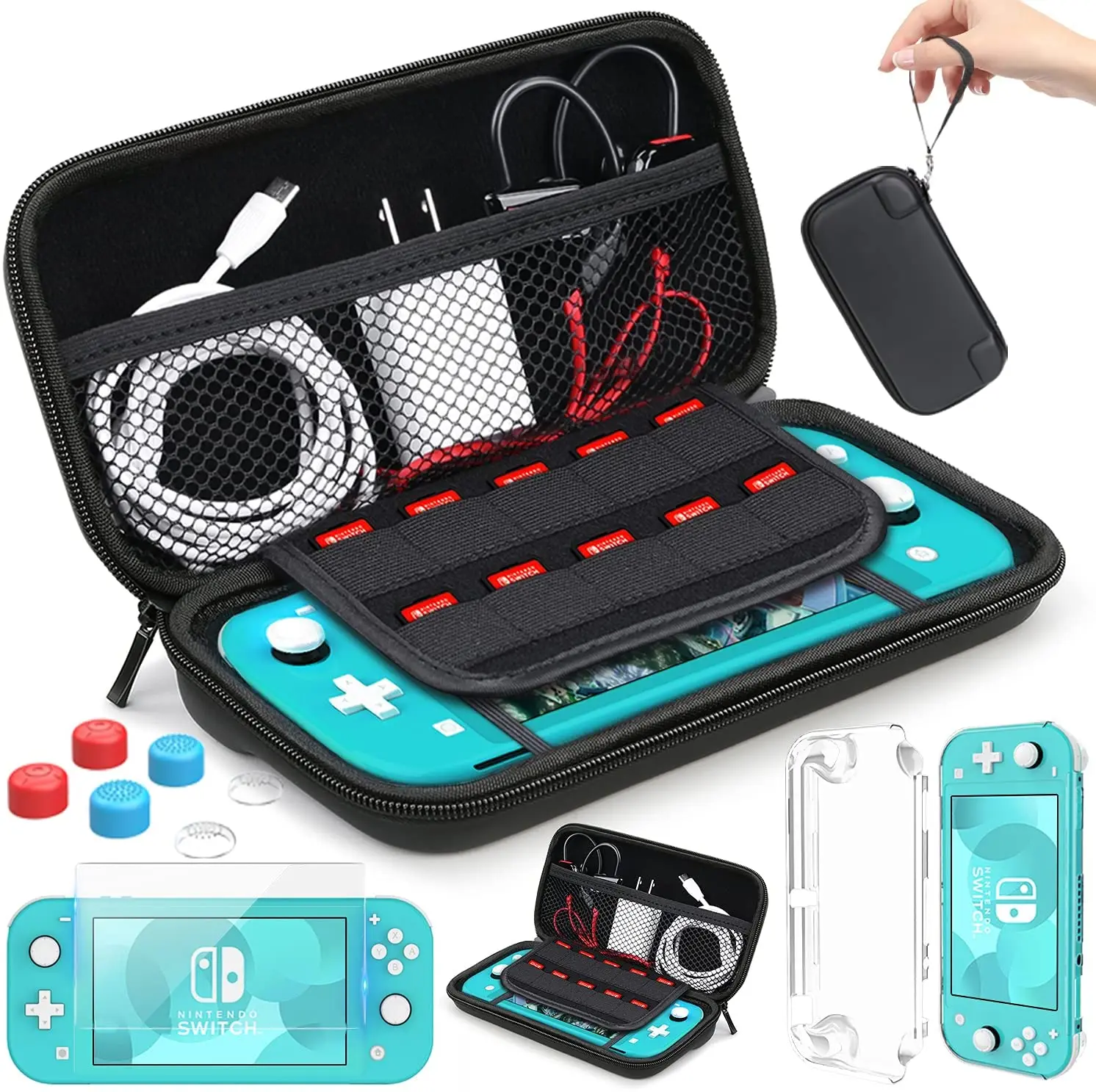 

HEYSTOP Compatible with Nintendo Switch Lite Carrying Case with Accessories Kit,Tempered Glass Screen Protector 6 Thumb Grip Cap