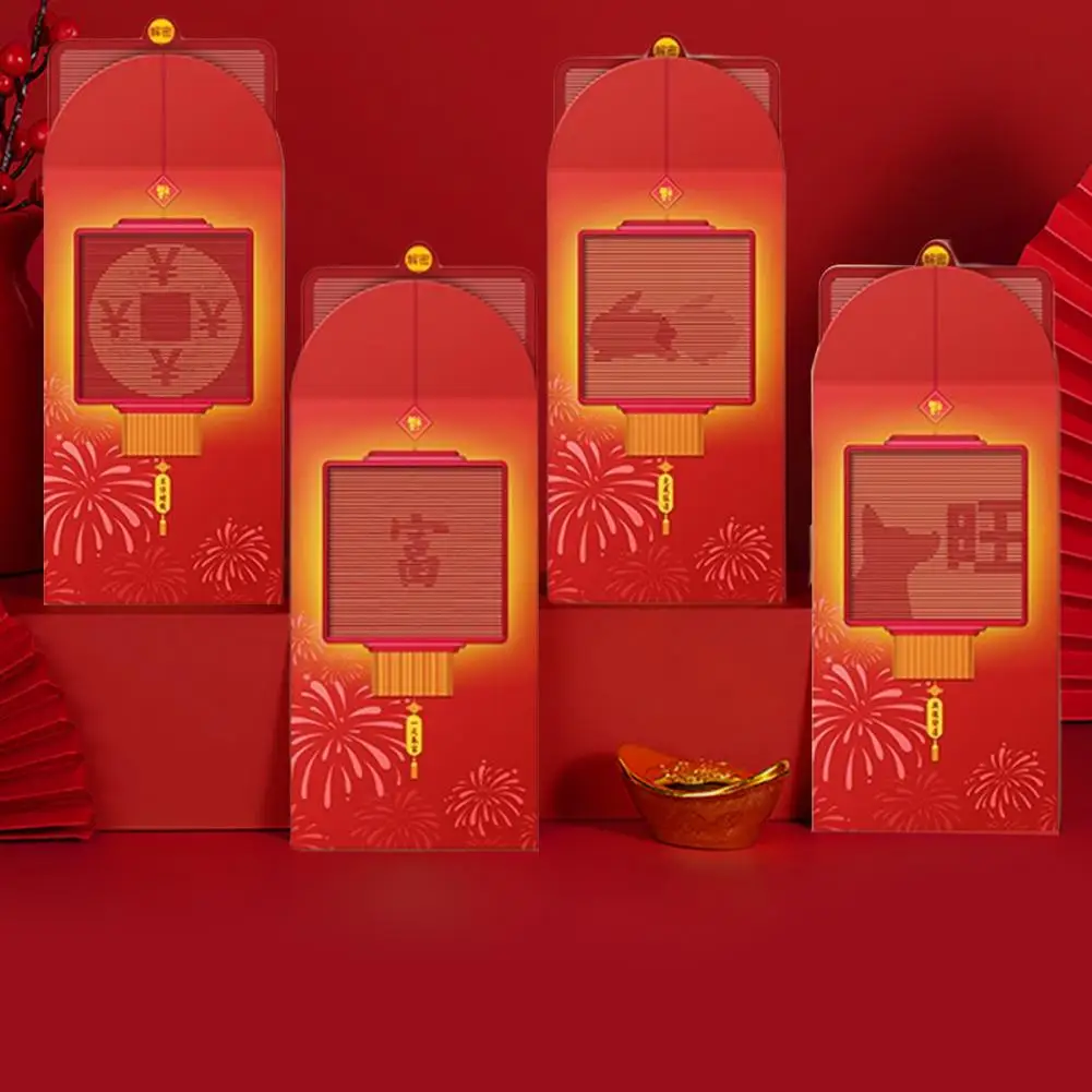 6Pcs/Bag New Year Red Packets Decrypt Card Creative Eye-catching Design Gift Paper Hollow Multilayer Red Packets for Festival