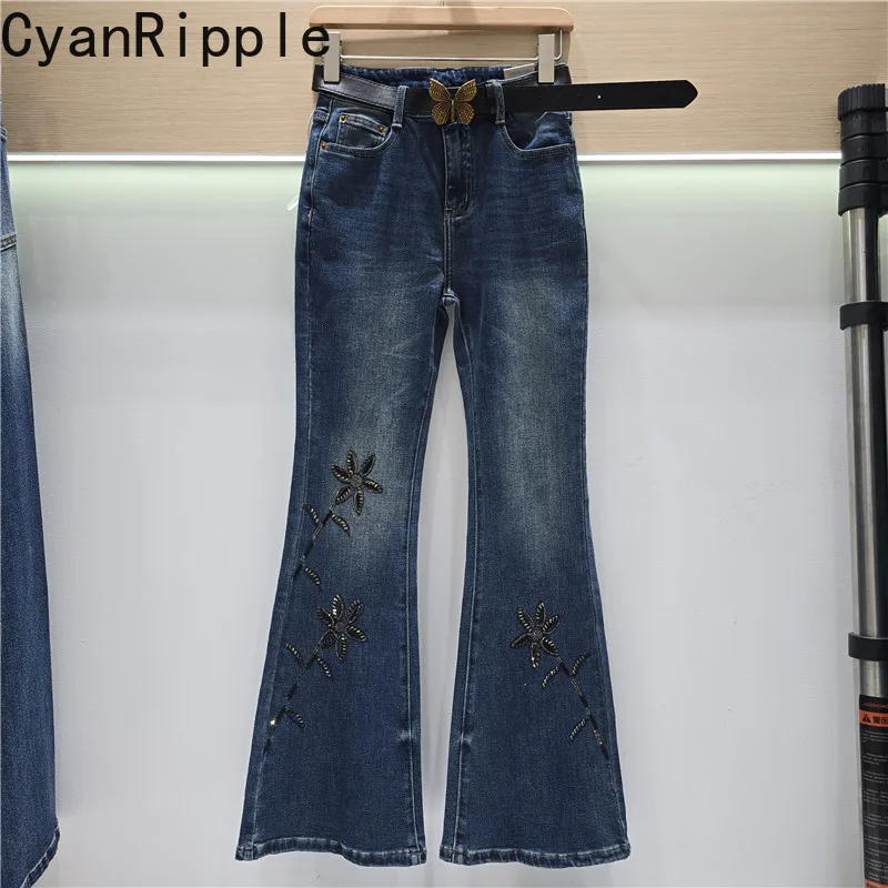 Fashionable New Spring Autumn Women Flare Jeans High Waist All-match Floor-length Stretch Slimming Flowers Beads Denim Pants