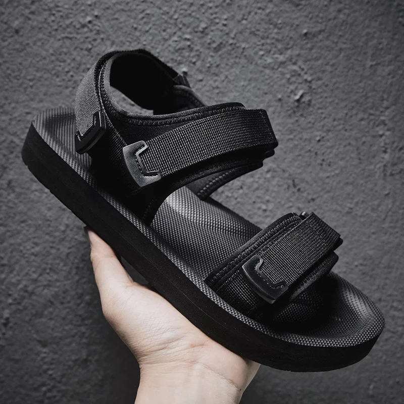 Adjustable Flat Sandals For Wide Foot Hook & Loop Straps Summer Mens Casual Shoes Double Buckle Breathable Soft Pure Black