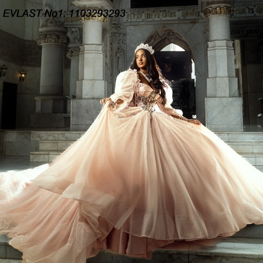 

EVLAST блестящее платье Quinceanera по индивидуальному заказу, бальное платье с кружевной аппликацией и бисером, накидка Sweet 16, Vestidos De 15 Anos E1QN445