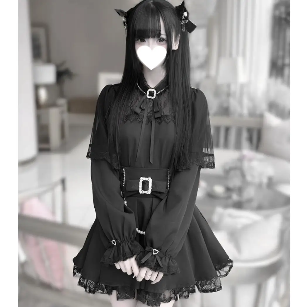 Mine 대량 생산 봄 여름 블랙 스커트 여성 하이 웨이스트 진주 체인 보우 짧은 스커트 + 긴팔 로리타 탑 세트