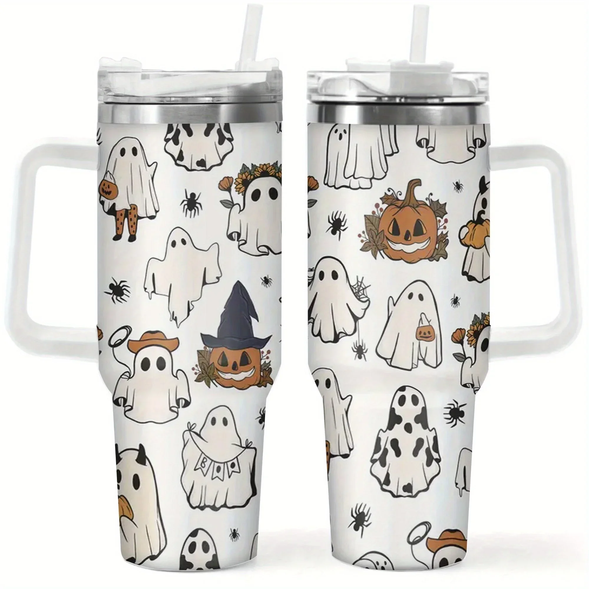 40oz Cute Ghost Pumpkin Spider Halloween Print Insulated Stainless Steel Travel Tumbler With White Handle Straw Lid Large Thermal Cup Halloween Party Gift