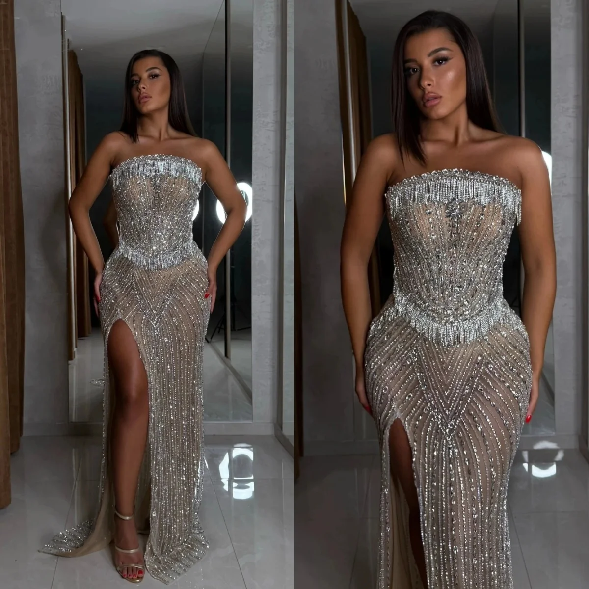 Luxury Crystal Evening Dresses Rhinestone Tassel Prom Gown Split Sleeveless See Through Mermaid Customized Vestidos De Noche