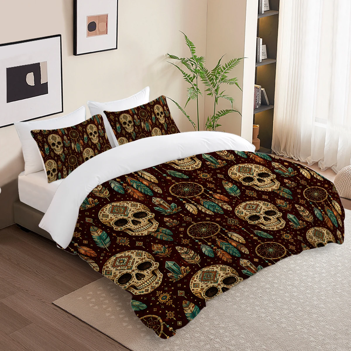 Halloween Witchy Duvet Cover Set 3PCS Skull Pumpkin Black Cat Bat Mushroom Tarot Crystal Microfiber Bedding Gothic Bedroom Decor