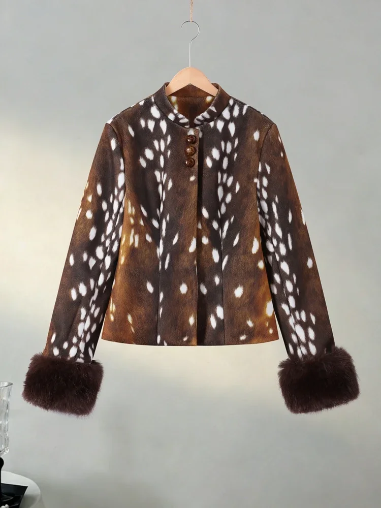 Vintage Damenjacke mit Punktemuster, Stehkragen, Langen Ärmeln, Pelzmanschetten und Knöpfen, Schlanker Schnitt, Herbst-Winter 2026, Neue Streetwear-Kollektion