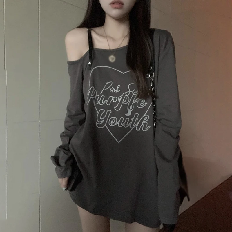 Outerwear Korean Style Casual Top Long-Sleeved One-Shoulder Long Style Pure Desire Style Autumn Simple T-shirts