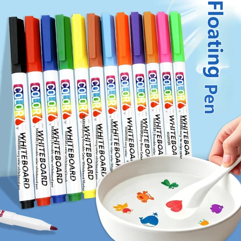 Q6PA Whiteboard Marker Set with 12 Floating Markers and Clear Case for Kids Classroom Drawing Play and Water Drawing Use Indoors